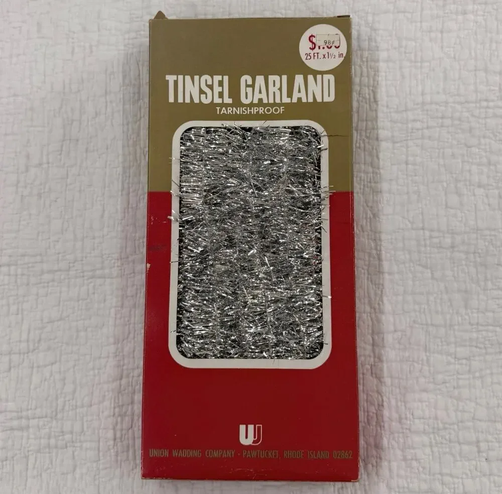 Vintage Silver Christmas Tree Tinsel Garland in Box